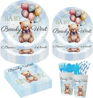 192pcs Teddy Bear Baby Shower Decorations Blue Bear Birthday Party Supplies Tableware Set With Paper Plates Napkins Cups Forks Knives Spoons Straws for Boy Birthday Party Decoration | Serve 24