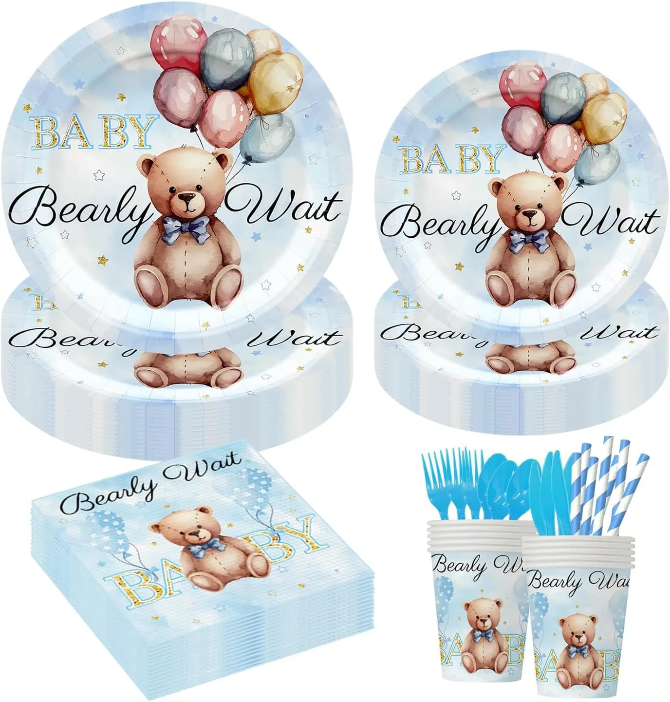 192pcs Teddy Bear Baby Shower Decorations Blue Bear Birthday Party Supplies Tableware Set With Paper Plates Napkins Cups Forks Knives Spoons Straws for Boy Birthday Party Decoration | Serve 24