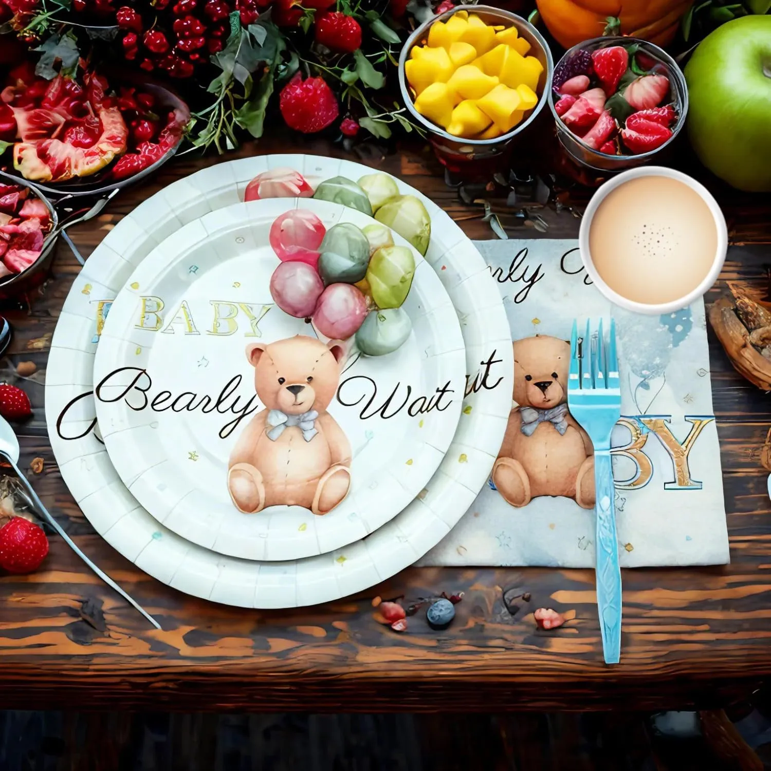 192pcs Teddy Bear Baby Shower Decorations Blue Bear Birthday Party Supplies Tableware Set With Paper Plates Napkins Cups Forks Knives Spoons Straws for Boy Birthday Party Decoration | Serve 24
