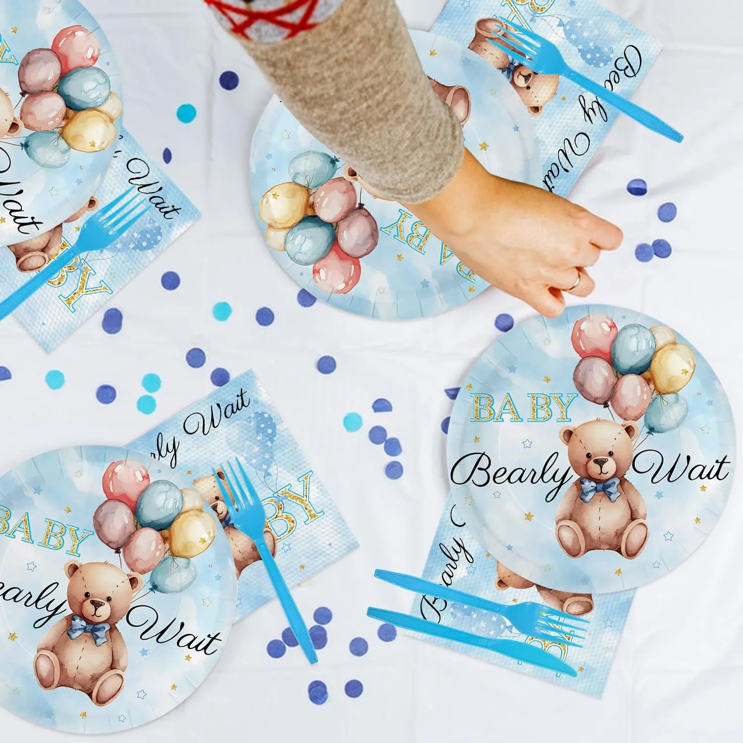 192pcs Teddy Bear Baby Shower Decorations Blue Bear Birthday Party Supplies Tableware Set With Paper Plates Napkins Cups Forks Knives Spoons Straws for Boy Birthday Party Decoration | Serve 24