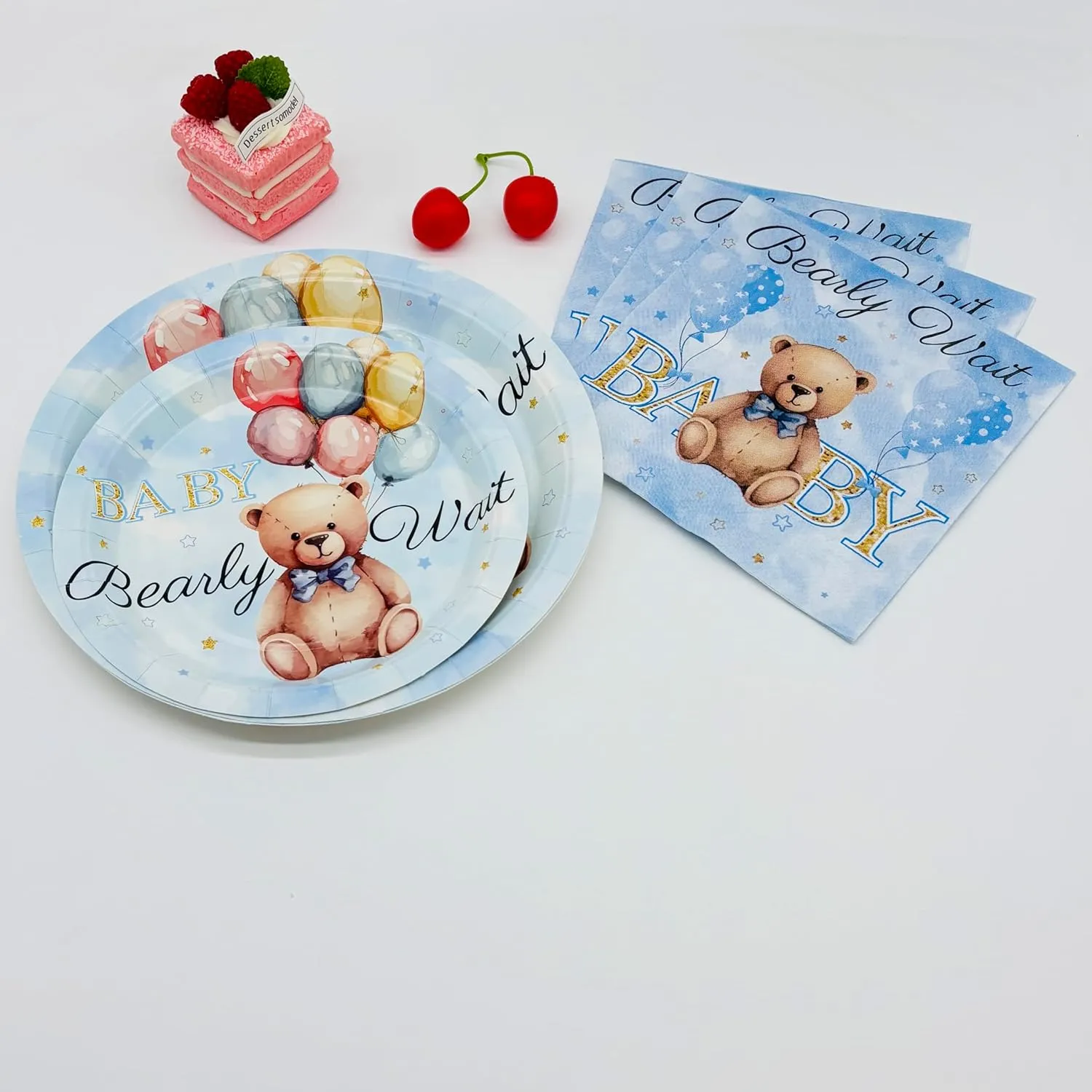 192pcs Teddy Bear Baby Shower Decorations Blue Bear Birthday Party Supplies Tableware Set With Paper Plates Napkins Cups Forks Knives Spoons Straws for Boy Birthday Party Decoration | Serve 24