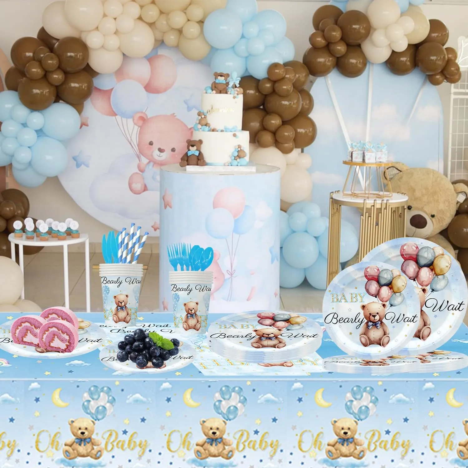 192pcs Teddy Bear Baby Shower Decorations Blue Bear Birthday Party Supplies Tableware Set With Paper Plates Napkins Cups Forks Knives Spoons Straws for Boy Birthday Party Decoration | Serve 24