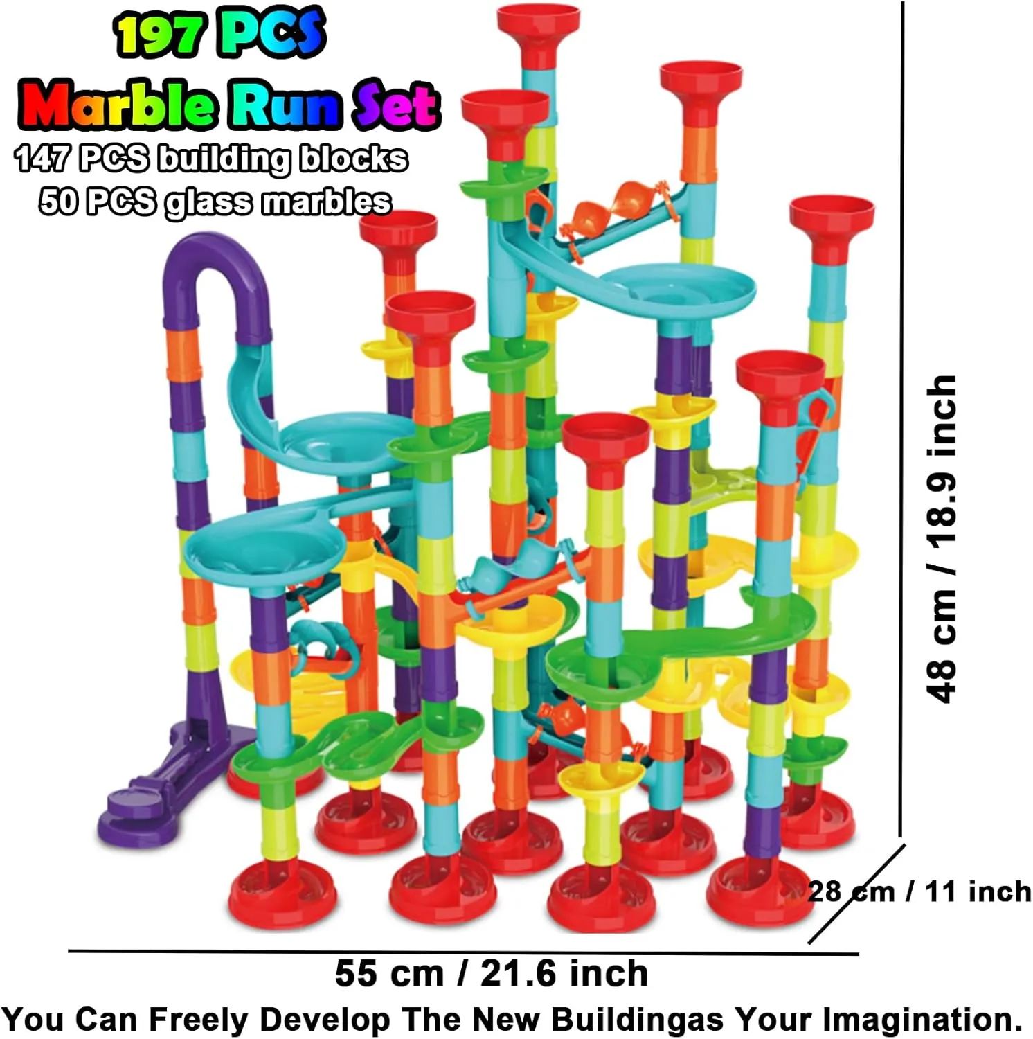 197 PCS Marble Run Premium Set,STEM Educational Building Block Toy,Marble Track Race Set with 50 Glass Marbles for Boys & Girls,Marble Maze Game Construction Building Blocks Toys for Kids