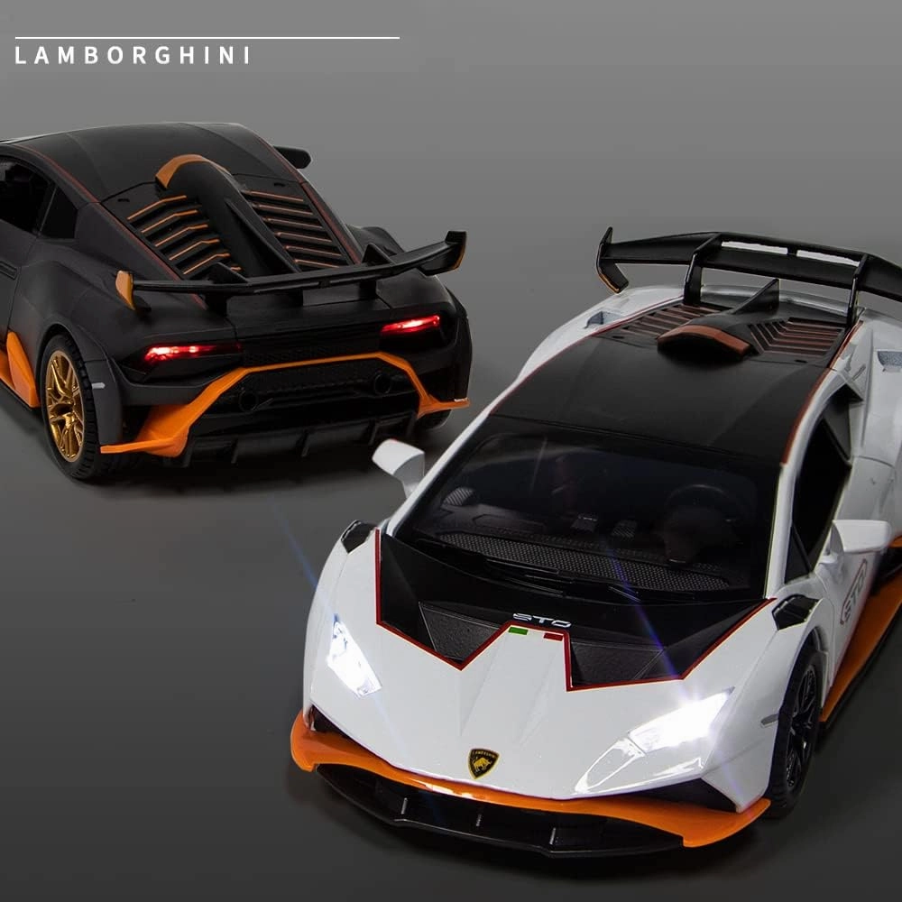 1:24 Alloy Diecast Car Model for Lamborghini Huracan STO 2021 Toy Car, Pull Back Vehicles Model Cars Toy for Kids 3 to 12 Years Old Gift Adult Collection Car Model with Sound & Light (Advanced Grey)
