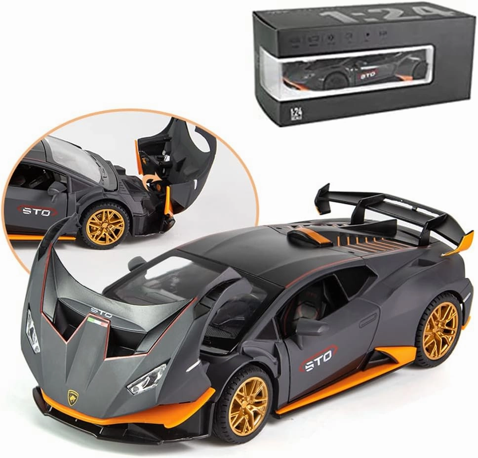 1:24 Alloy Diecast Car Model for Lamborghini Huracan STO 2021 Toy Car, Pull Back Vehicles Model Cars Toy for Kids 3 to 12 Years Old Gift Adult Collection Car Model with Sound & Light (Advanced Grey)