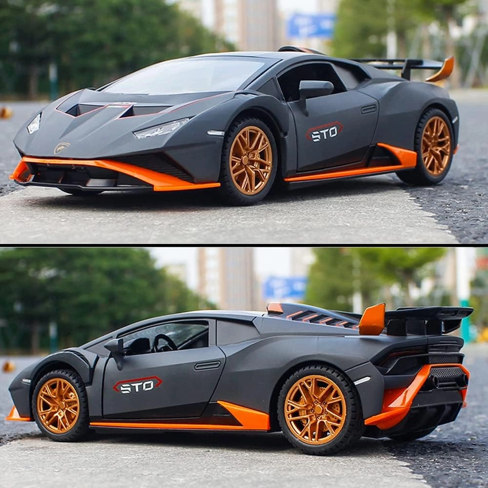 1:24 Alloy Diecast Car Model for Lamborghini Huracan STO 2021 Toy Car, Pull Back Vehicles Model Cars Toy for Kids 3 to 12 Years Old Gift Adult Collection Car Model with Sound & Light (Advanced Grey)