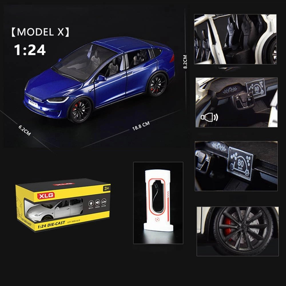 1/24 Model X Toy Car for Boys, Zinc Alloy Diecast Metal Model X Model Car Pull Back Car Toy Vehicles with Sound and Music, Suitable for Kids Aged 3  as Gifts