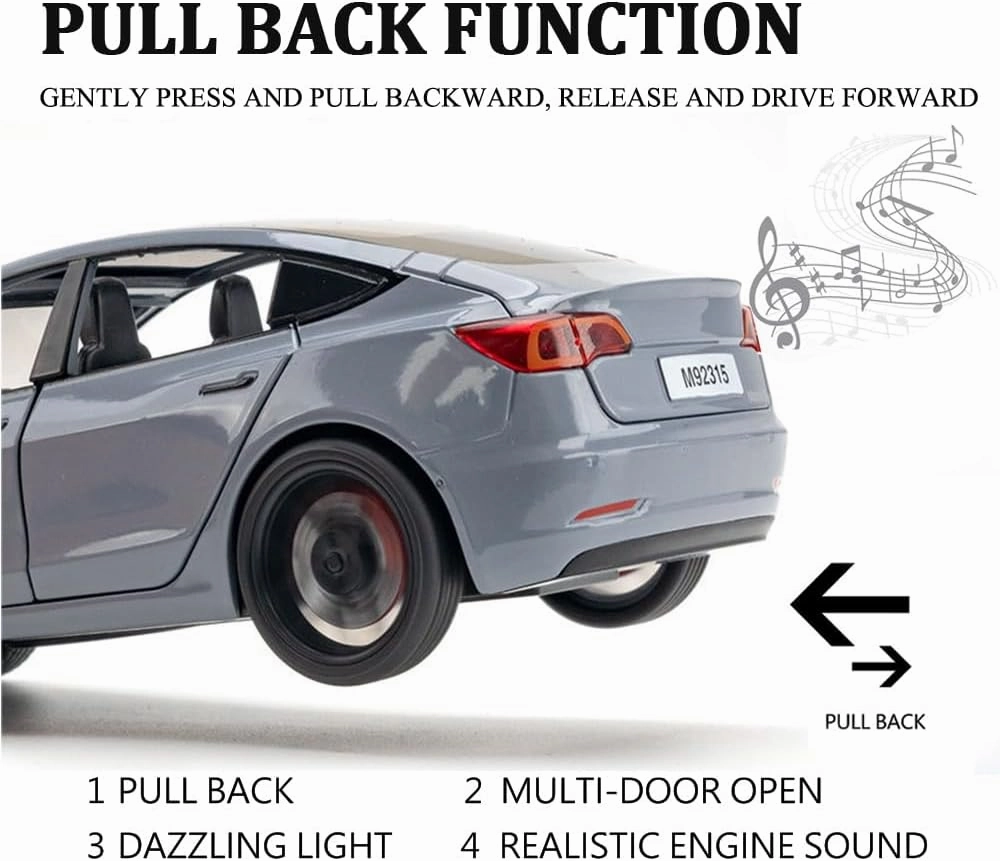 1/24 Scale Diecast Car Model 3, Alloy Diecast Toy Cars Pull Back Toys with Sound & Light, Vehicles Toys for Kids Gift Car Lovers Collection (1/24 Model 3 -Grey)
