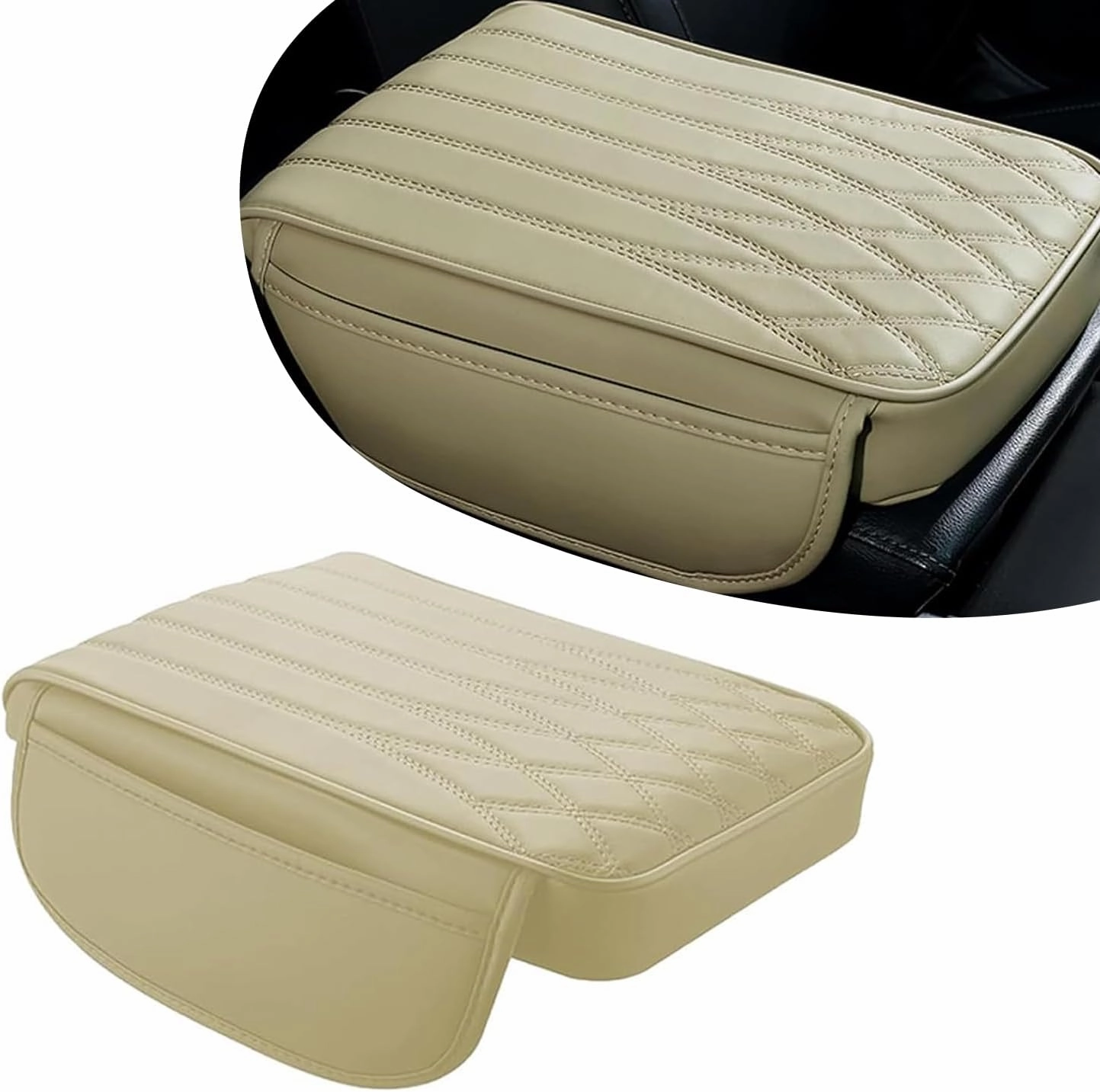 1 Pack Car Center Console Armrest Protective Cover with Pocket, 12.59In x 8.66In x 1.96In Soft Leather Vehicle Armrest Pad, Universal Automotive Decoration for Truck SUV Car (Beige)
