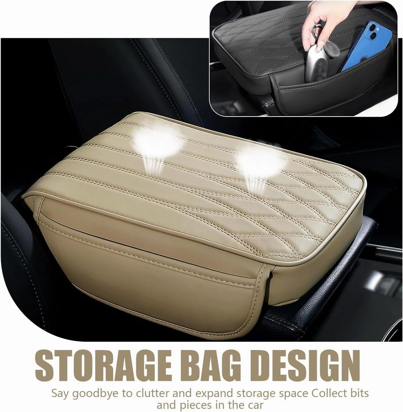 1 Pack Car Center Console Armrest Protective Cover with Pocket, 12.59In x 8.66In x 1.96In Soft Leather Vehicle Armrest Pad, Universal Automotive Decoration for Truck SUV Car (Beige)