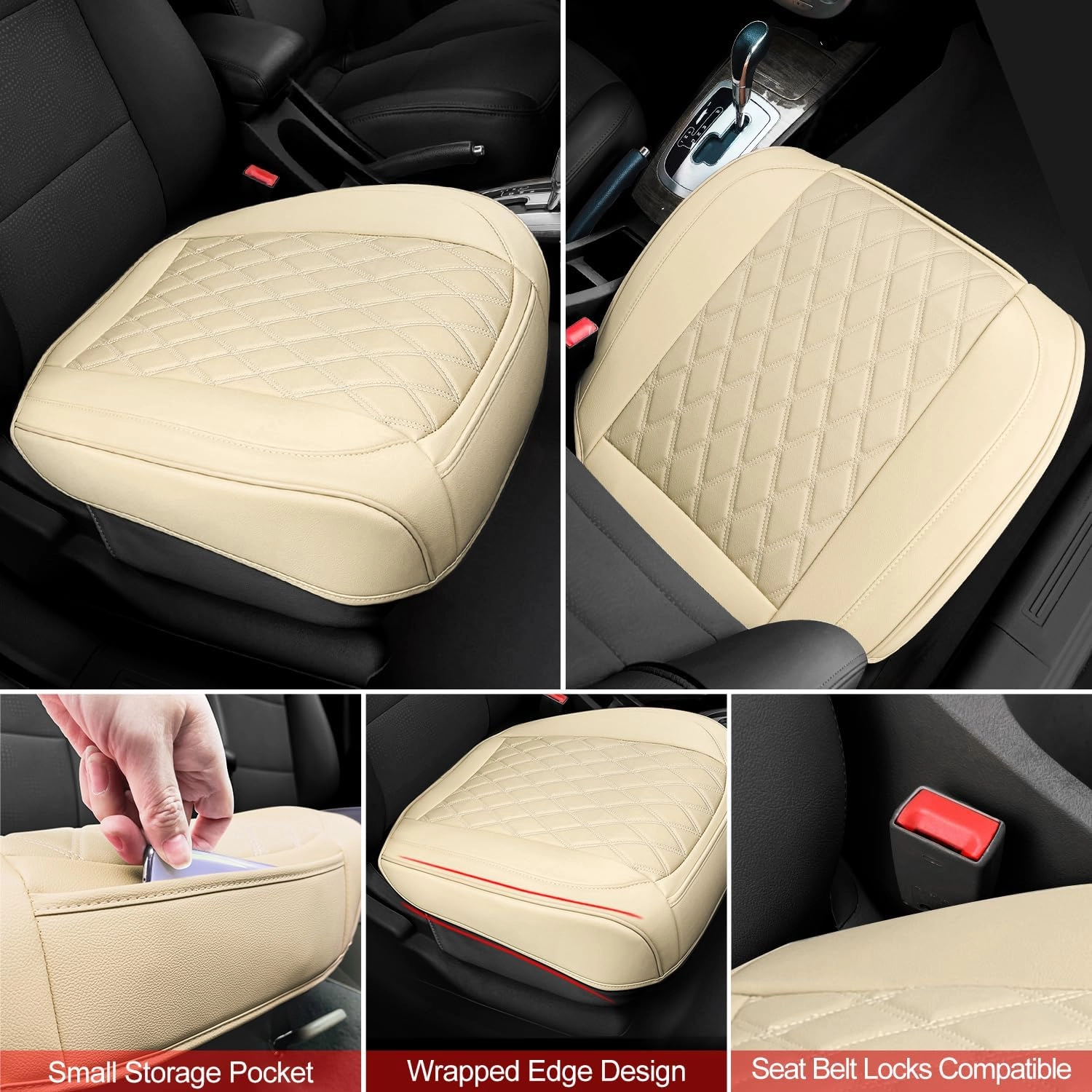 1 Pack Leather Front Car Seat Cover Bottom Car Seat, Anti-Slip and Full Wrap Driver Car Seat Protectors, Luxury Waterproof Bottom Auto Seat Cushion Pad Mat for Most Vehicles(Beige)