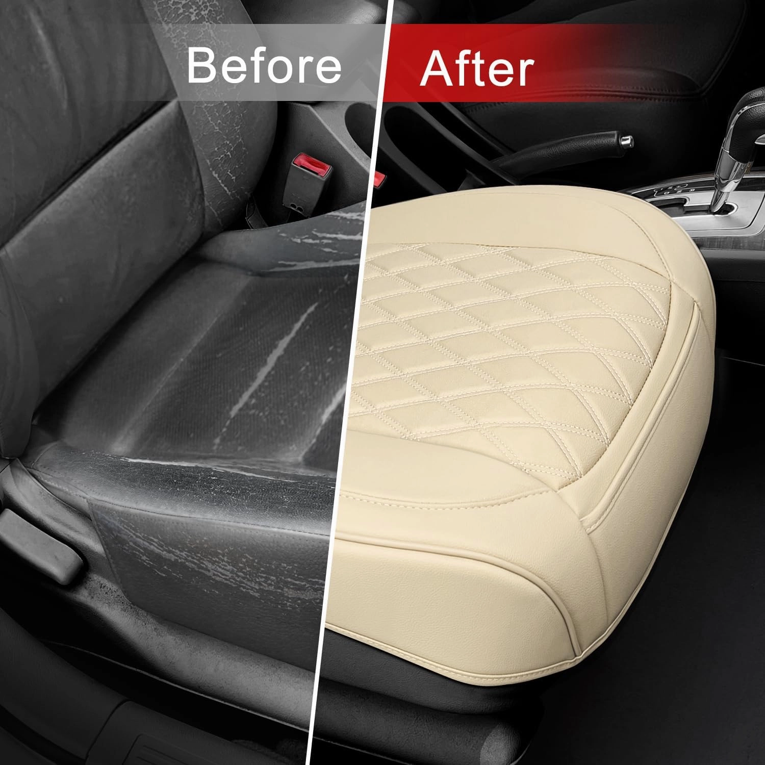 1 Pack Leather Front Car Seat Cover Bottom Car Seat, Anti-Slip and Full Wrap Driver Car Seat Protectors, Luxury Waterproof Bottom Auto Seat Cushion Pad Mat for Most Vehicles(Beige)