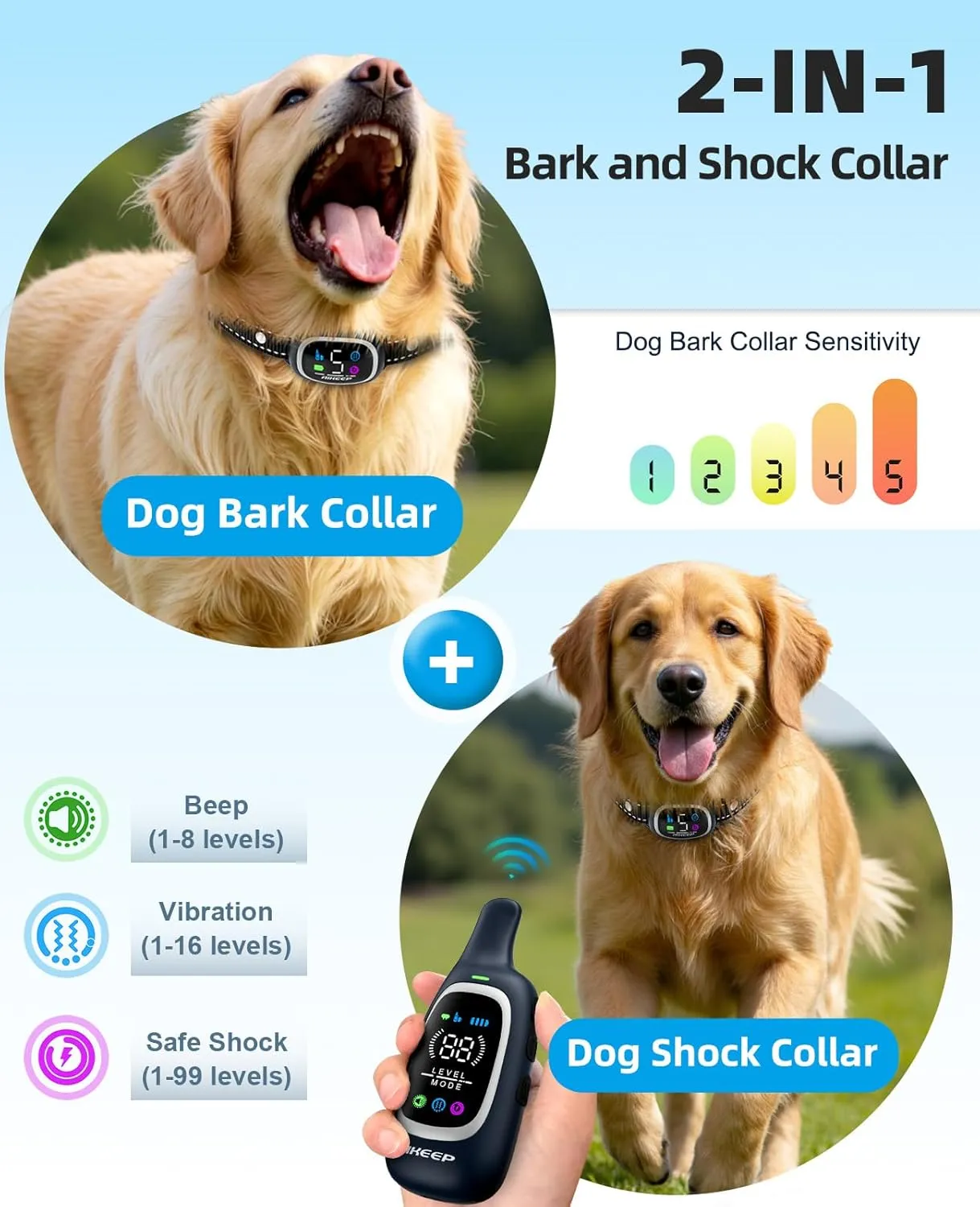 2-in-1 Bark and Shock Collar for Dogs – 3300FT Electric Dog Training Collar with Remote, IP67 Waterproof with Anti-Bark/Beep/Vibration/Shock Modes for Small Medium Large Dog(5-120Lbs)(Black)