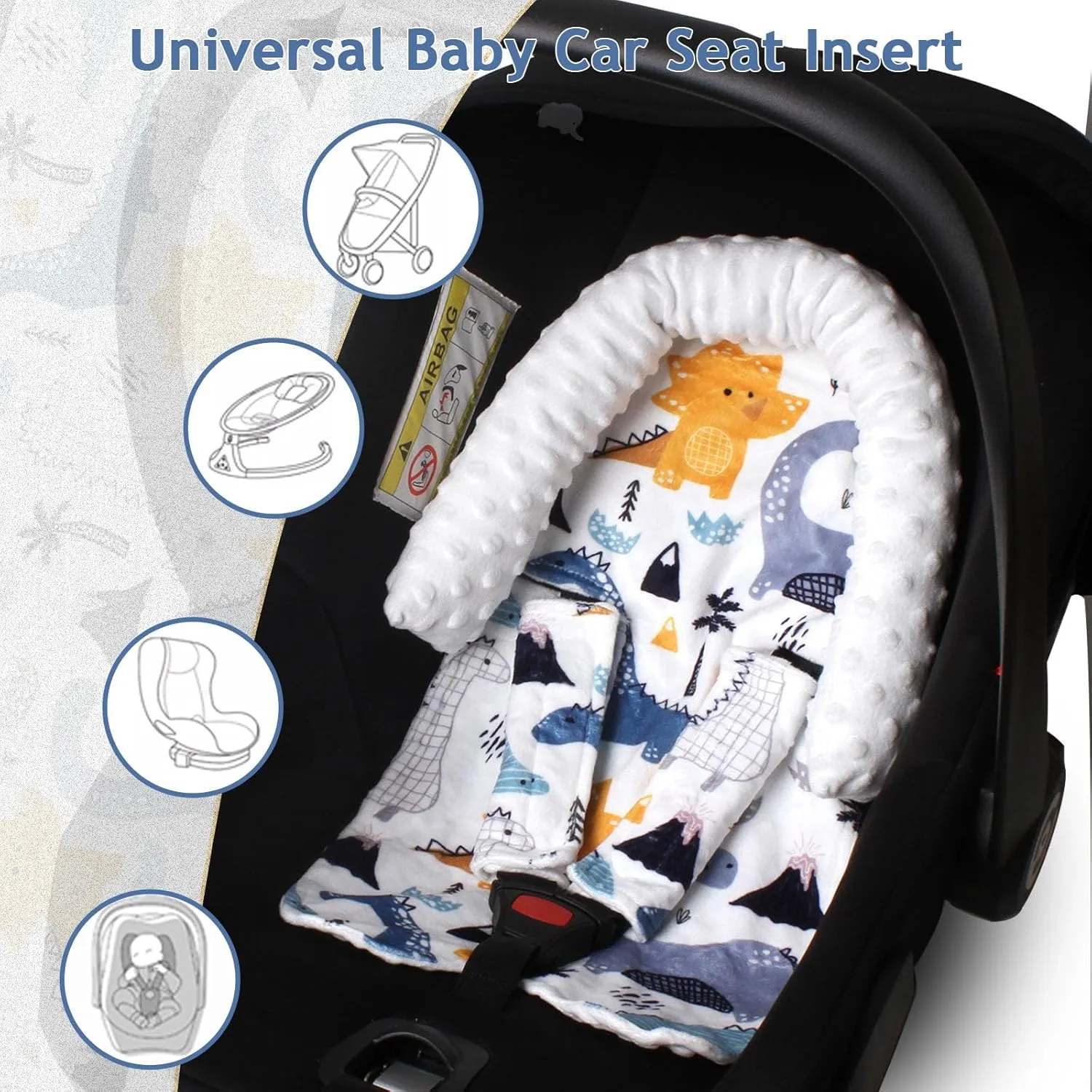 2-in-1Baby Car Seat Head Support & Strap Covers Set for Newborn Infant, Extra Soft Car Seat Insert Cushion Pad, Perfect for Carseats, Strollers, Bouncers