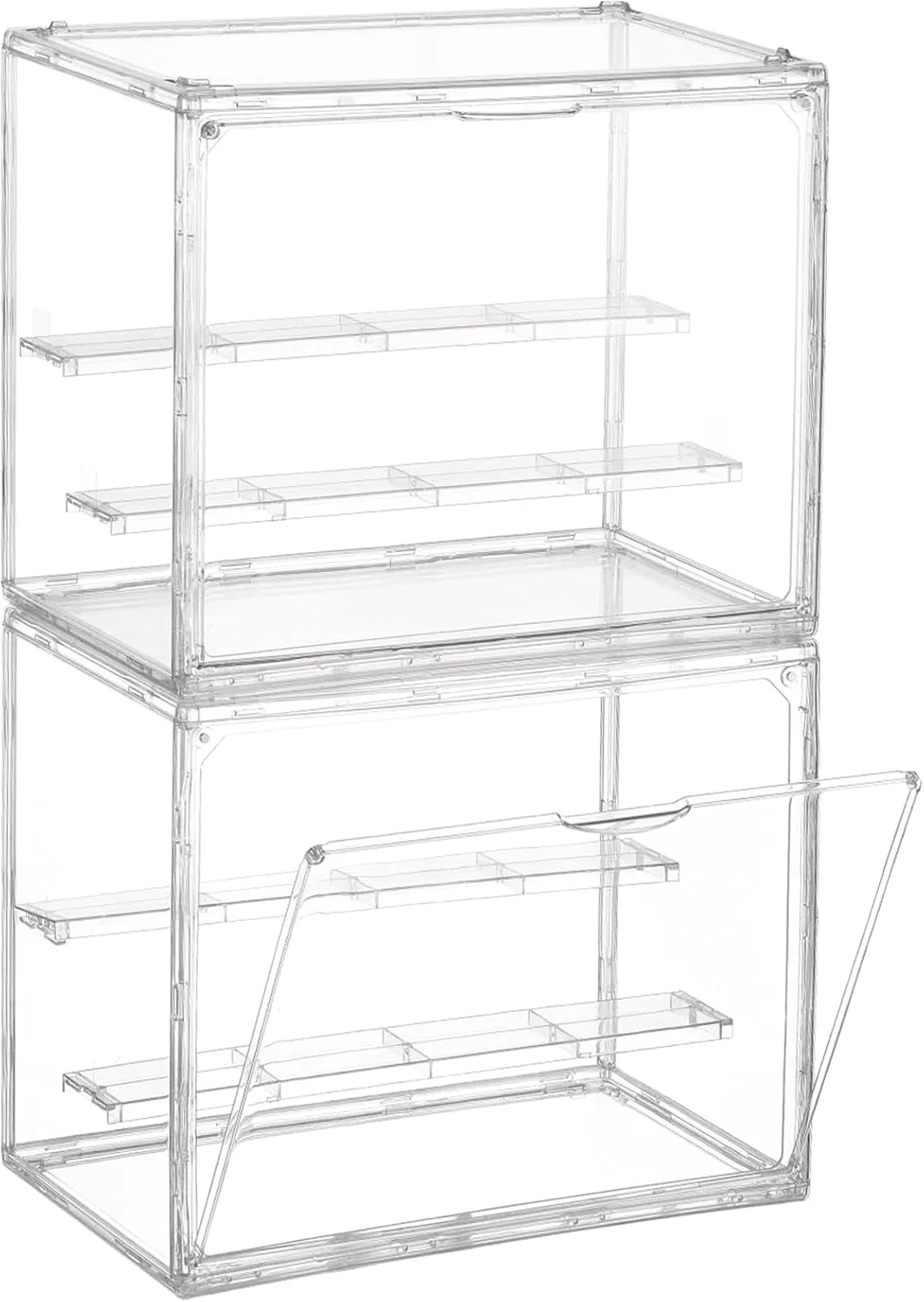 2 Pack 3 Layer Adjustable Figure Display Case, Acrylic Display Case for Collectibles,Clear Acrylic Display Case Stackable Display Box Showcase with Magnetic Door for Action Figures, Funko