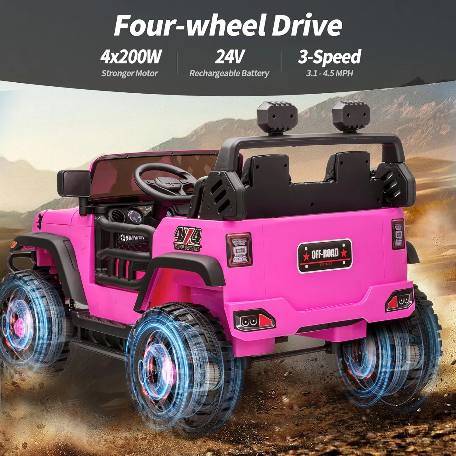 2 Seater Ride on Toy Car for Kids, 24V 4WD Ride-on Truck Kids Electric Car with Remote Control, 4x200W Motors - Pink