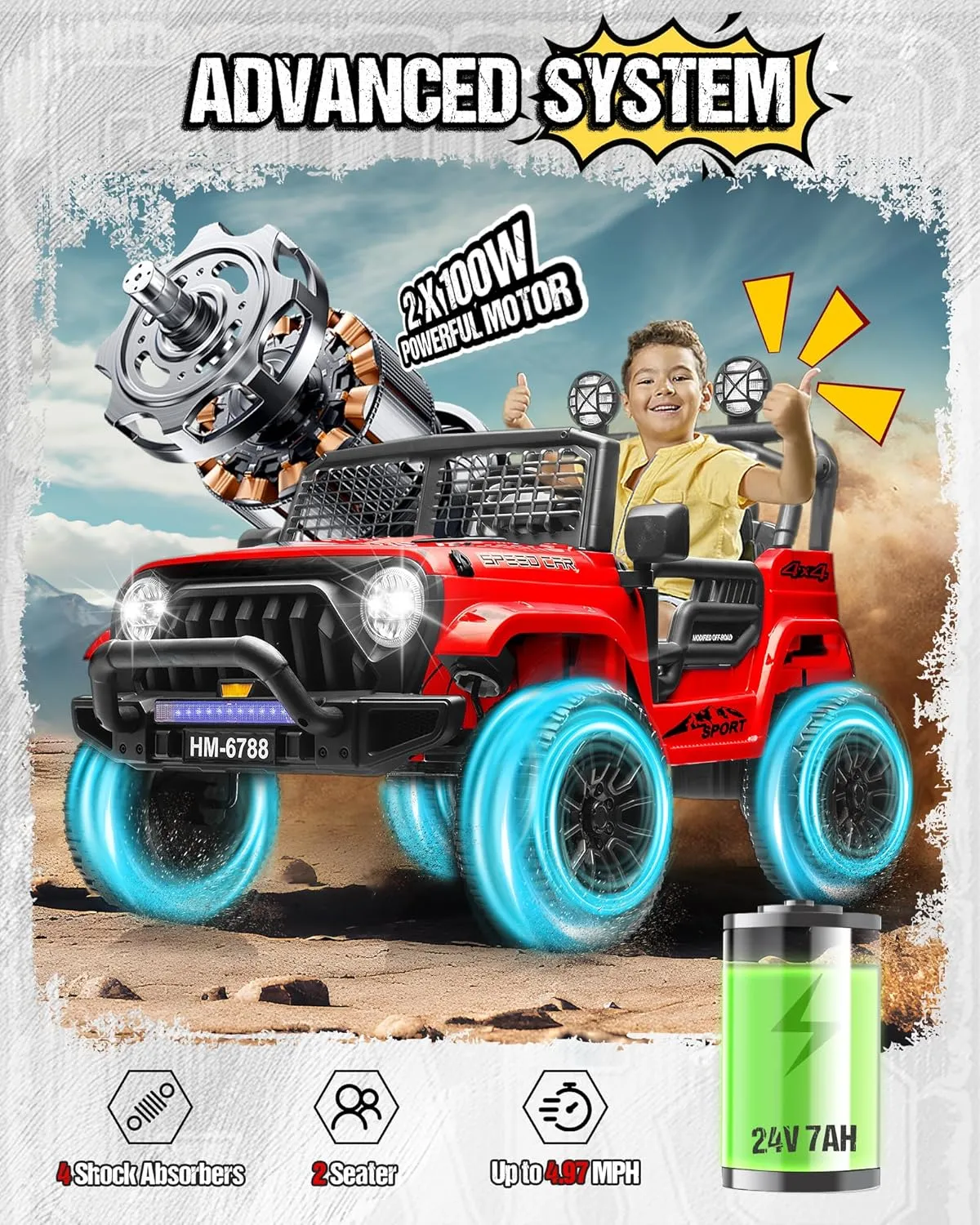 2 Seater Ride On Toys Car for Big Kids, 24V Electric Vehicles w/20'' Wide Seat, Remote Control, 5MPH Max, Music, Wireless, Full Suspension, Battery Powerd Cars Truck for Kids Boys (Red)