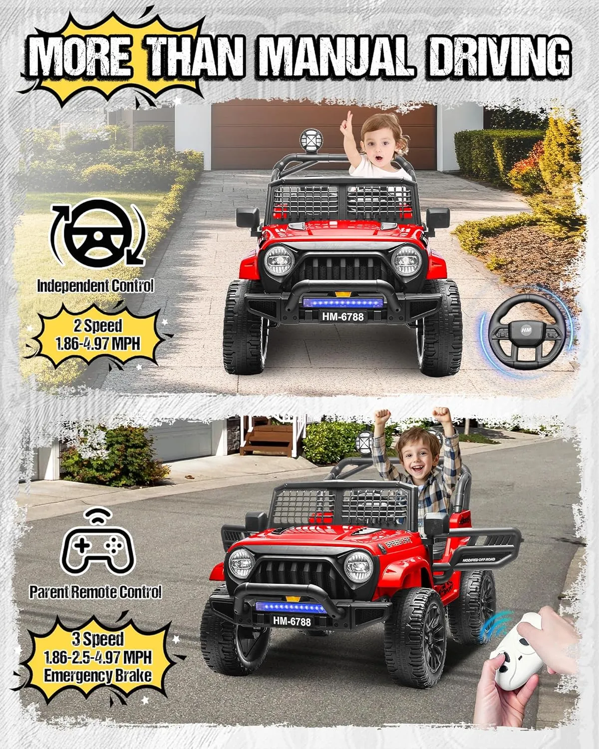 2 Seater Ride On Toys Car for Big Kids, 24V Electric Vehicles w/20'' Wide Seat, Remote Control, 5MPH Max, Music, Wireless, Full Suspension, Battery Powerd Cars Truck for Kids Boys (Red)