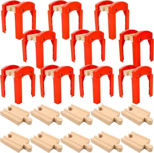 20 Pack Wooden Train Track Bridge Accessories Include 10 Red Bridge Support 10 Small Straight Track Wood Railway Train Track Bulk Compatible with Most Train Tracks
