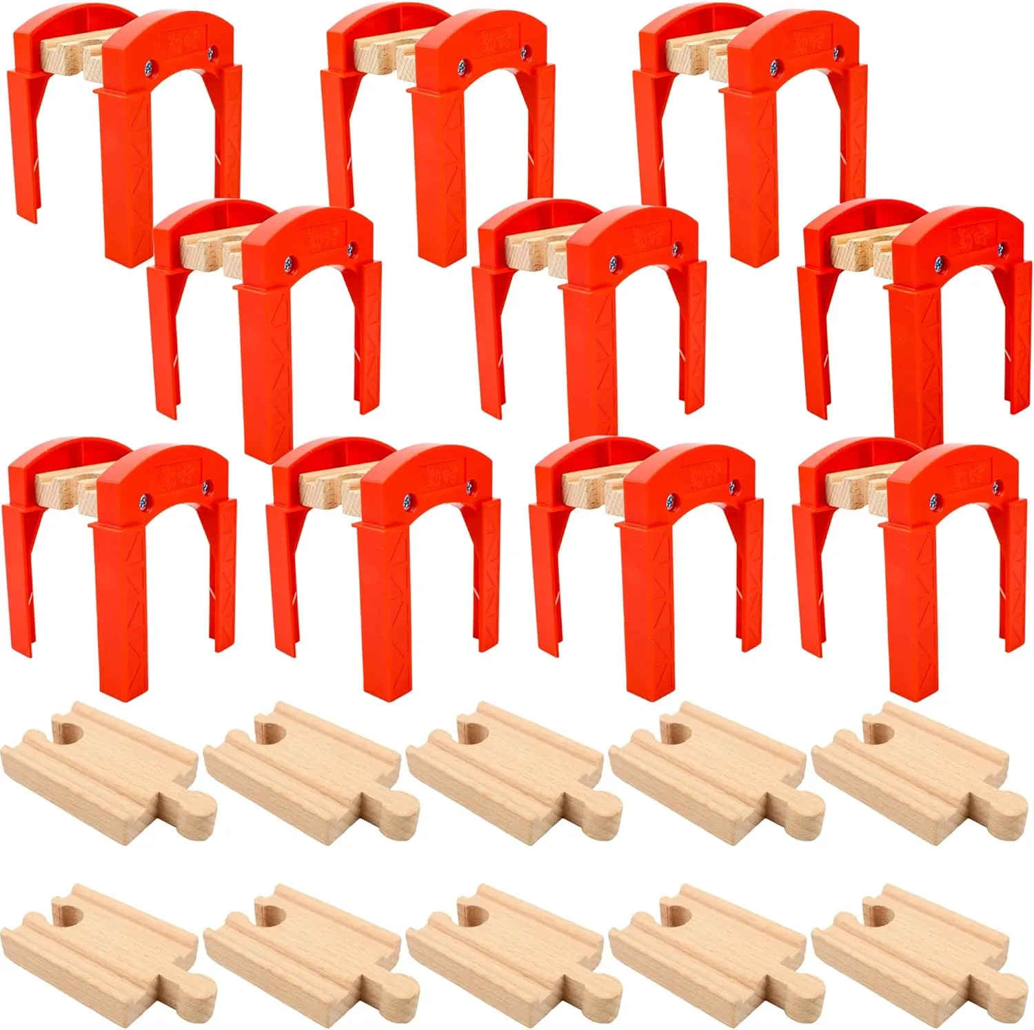 20 Pack Wooden Train Track Bridge Accessories Include 10 Red Bridge Support 10 Small Straight Track Wood Railway Train Track Bulk Compatible with Most Train Tracks