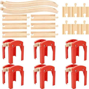 20 Pack Wooden Train Track Bridge Include 6 Train Track Bridge Support 12 Straight Track 2 Ascending Tracks Wood Track Pieces Compatible with Most Train Tracks
