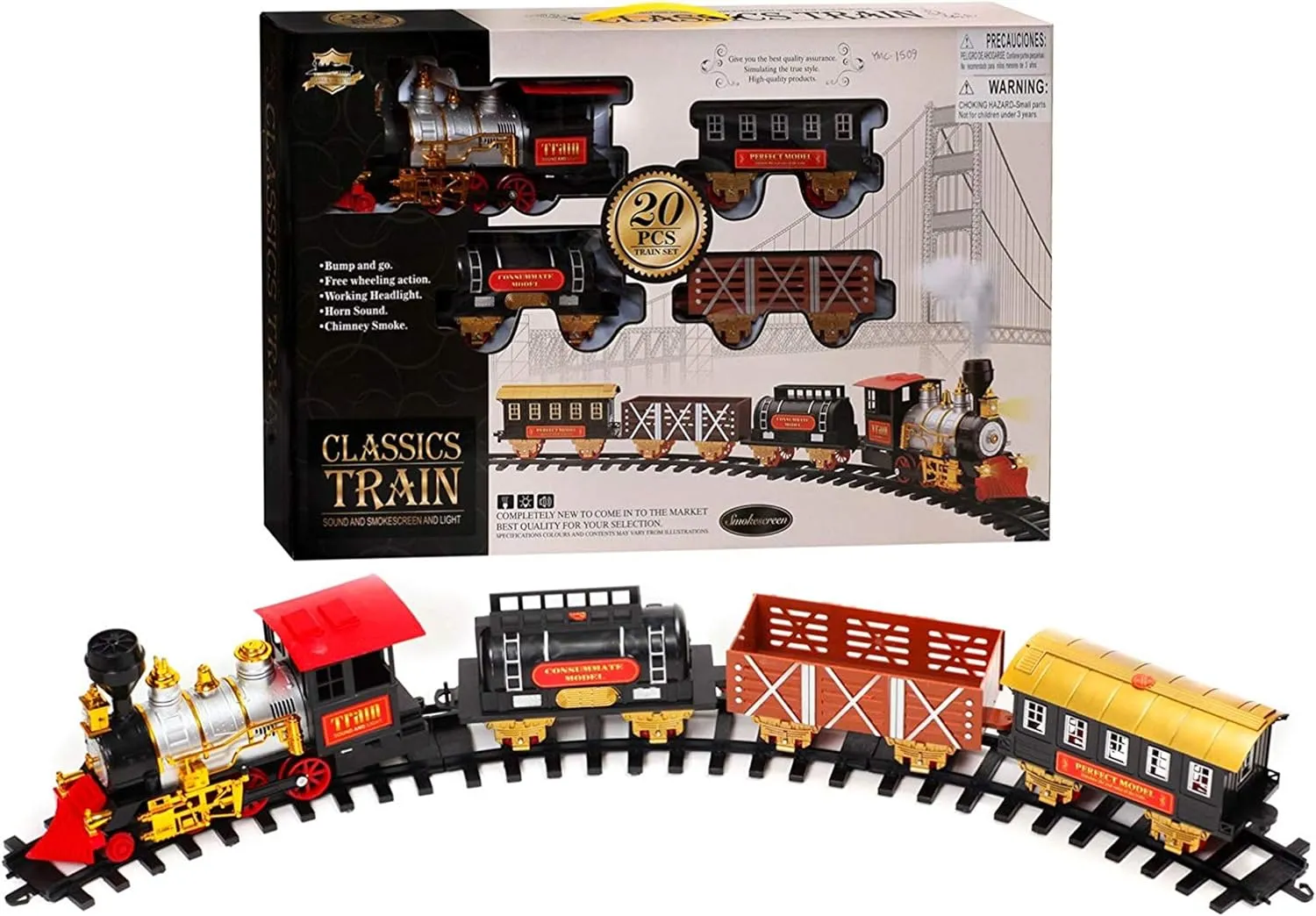 20 PCS Christmas Train Set with 4 Train Cars 16 Rail Sections - Light, Sound and Smoke Effects - Festive Holiday Décor Toy Train for Christmas Tree