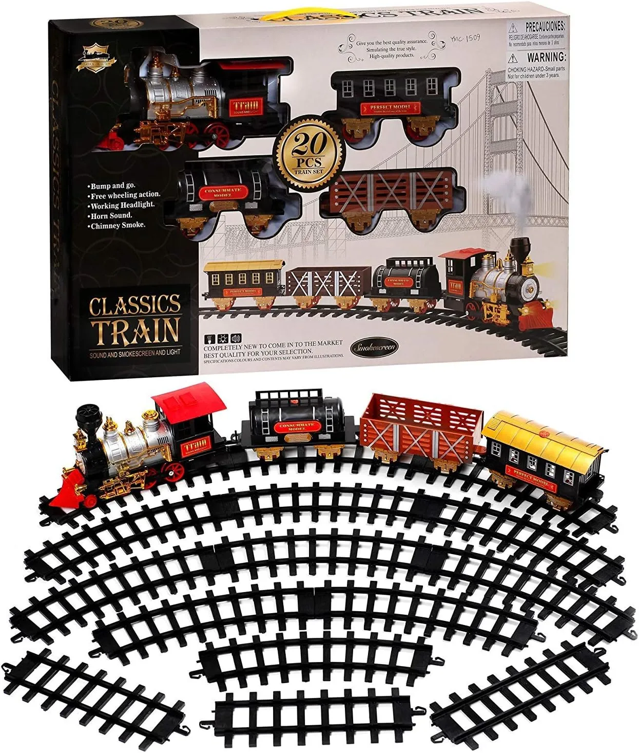 20 PCS Christmas Train Set with 4 Train Cars 16 Rail Sections - Light, Sound and Smoke Effects - Festive Holiday Décor Toy Train for Christmas Tree