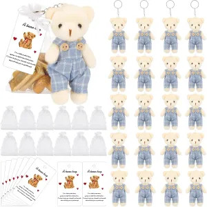 20 Sets Miniature Bear with Clothes Stuffed Plush Bear Decorations, 4.7 Inch Bears Baby Shower Doll Favors Hug Gift Card White Organza Bags for Guest Baby Shower Souvenirs Birthday Party (Blue)