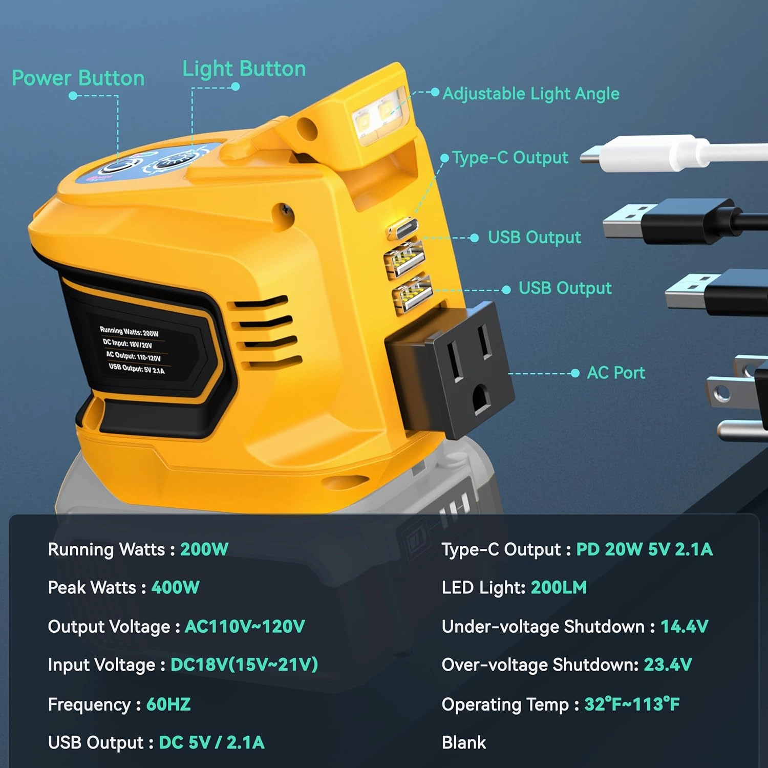 200W Portable Power Inverter for DeWALT 20V,Ecarke Outdoor Generato Battery Converter with 2 USB&LED&AC Battery Powered Outlet,Convert DC 18V/20V to AC 110V-120V Portable Power Station(Tool Only)