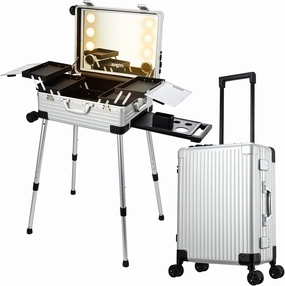 22'' Aluminum Trolley Rolling Makeup Train Case with LED Light Mirror Professional Cosmetic Travel Box with Bluetooth Speaker Make up Cosmetic Organizer Studio Nail Salon Beauty Vanity Silver
