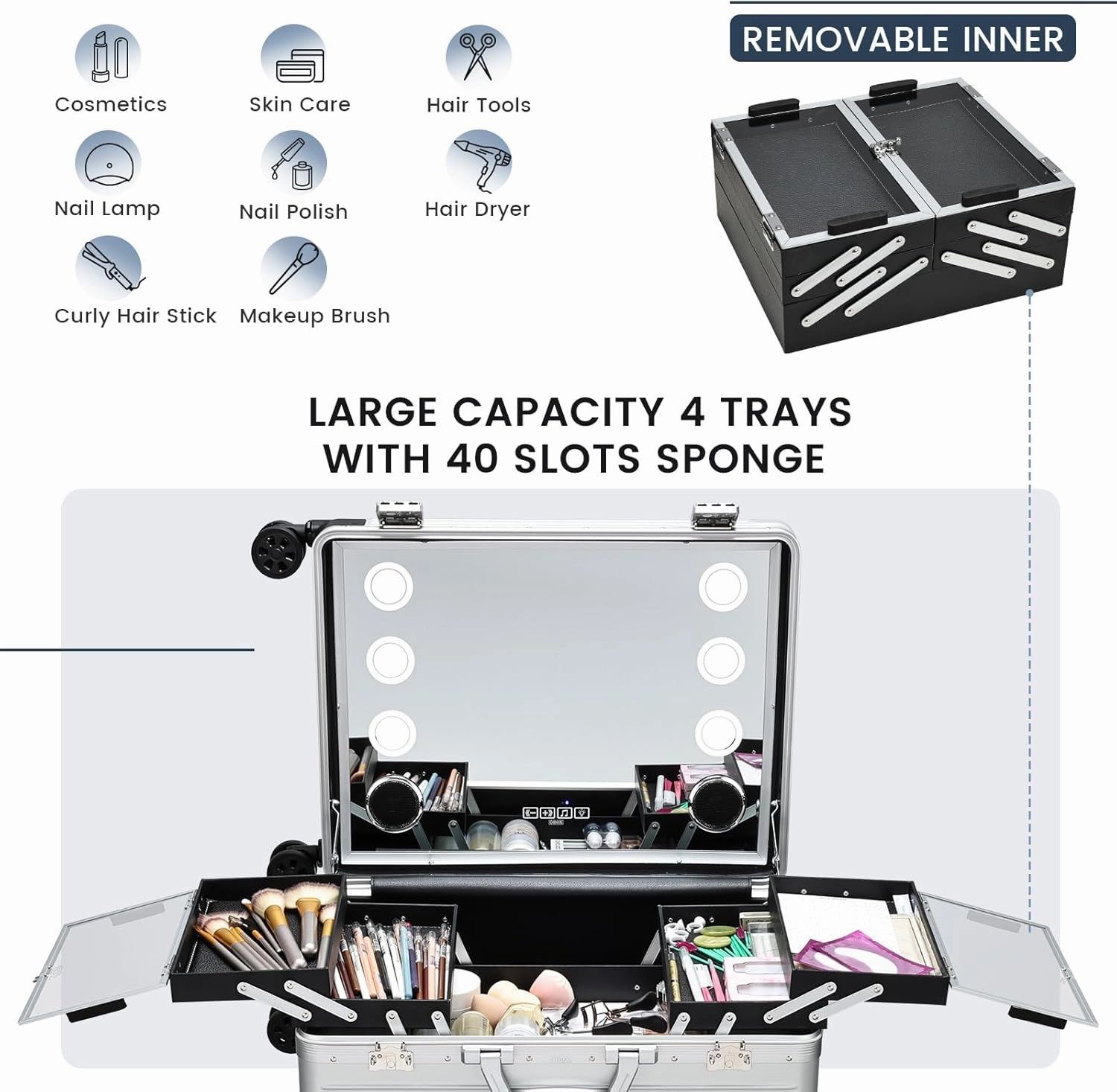 22'' Aluminum Trolley Rolling Makeup Train Case with LED Light Mirror Professional Cosmetic Travel Box with Bluetooth Speaker Make up Cosmetic Organizer Studio Nail Salon Beauty Vanity Silver