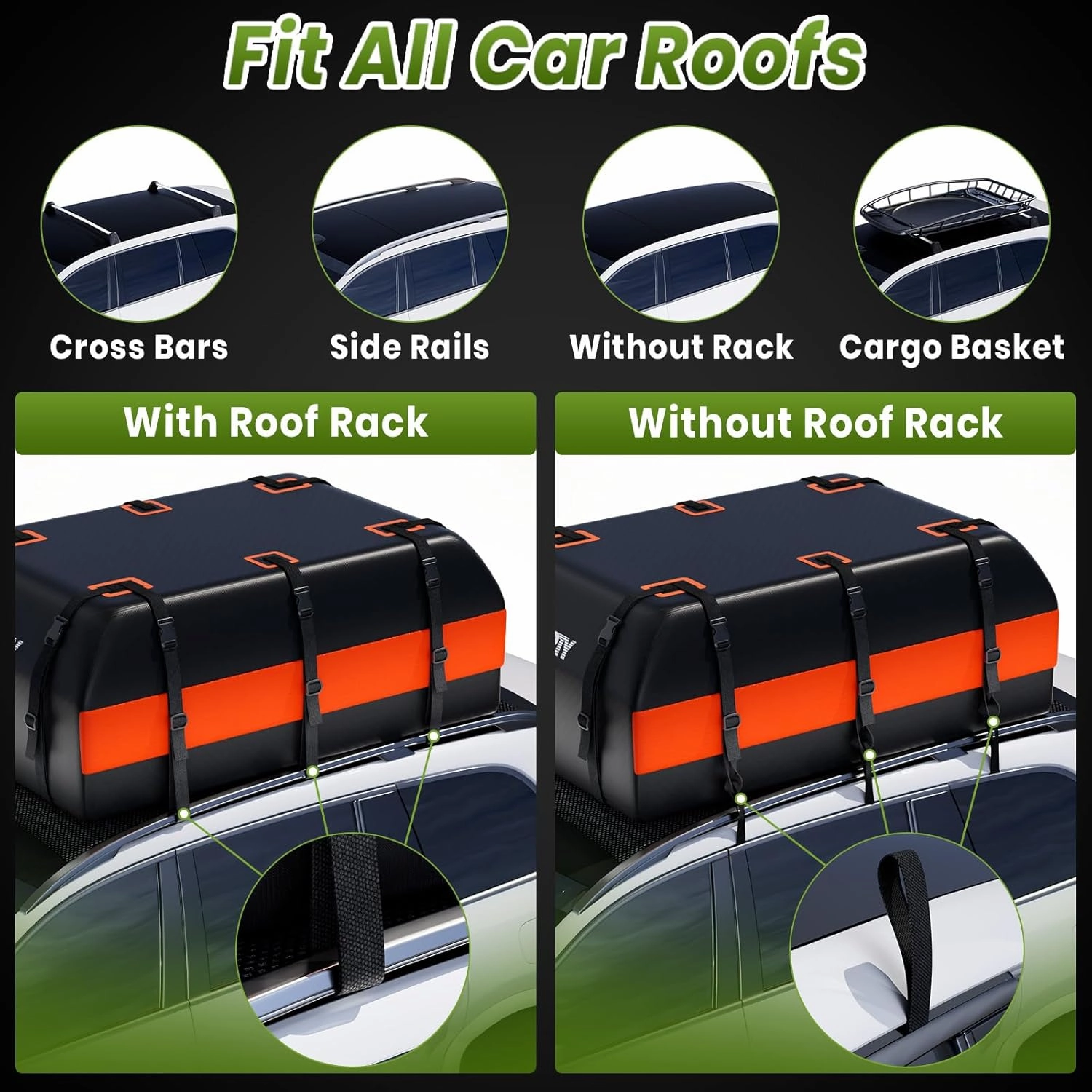 23 Cubic Feet Car Rooftop Cargo Bag Carrier, Soft Roof Top Luggage Bag for All Vechicles with/Without Rack - with Waterproof Zip, Anti-Slip Mat, Luggage Lock, Storage Bag, Door Hooks, Orange