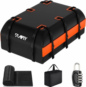 23 Cubic Feet Car Rooftop Cargo Bag Carrier, Soft Roof Top Luggage Bag for All Vechicles with/Without Rack - with Waterproof Zip, Anti-Slip Mat, Luggage Lock, Storage Bag, Door Hooks, Orange