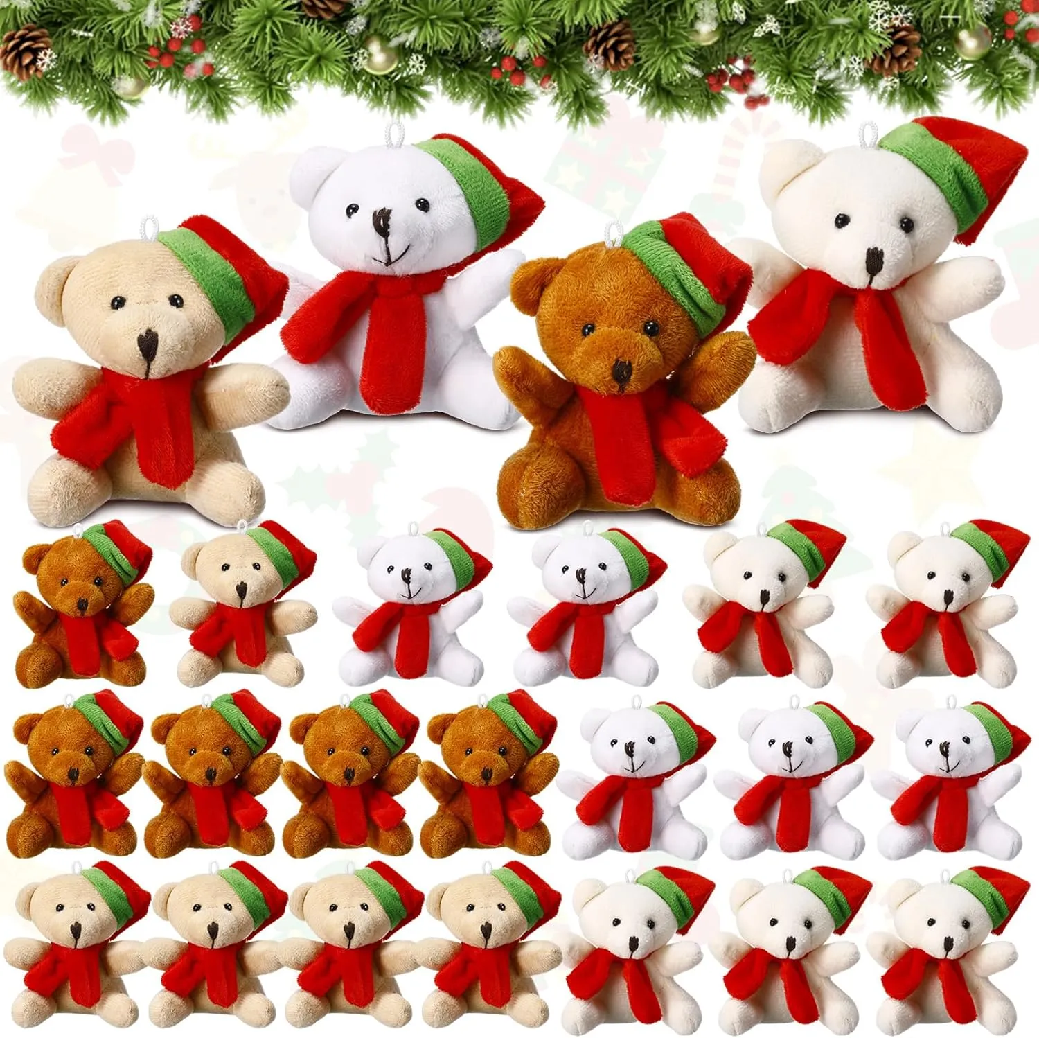 24 Pcs Bulk Christmas Bear Stuffed Animal Mini Small Soft Fuzzy Plush Bear with Hat and Scarf for Christmas Tree Ornaments Stocking Stuffers Xmas Party Favor