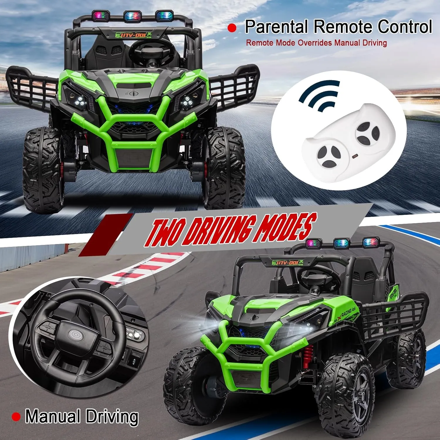 24V 4X4 2-Seater Ride On UTV with Remote Control, Off-Road Ride on Car, 4WD Electric Ride On Toys for Kids Ages 3 , Side by Side Car w/LED Light, EVA Rubber Tires, Bluetooth, Green