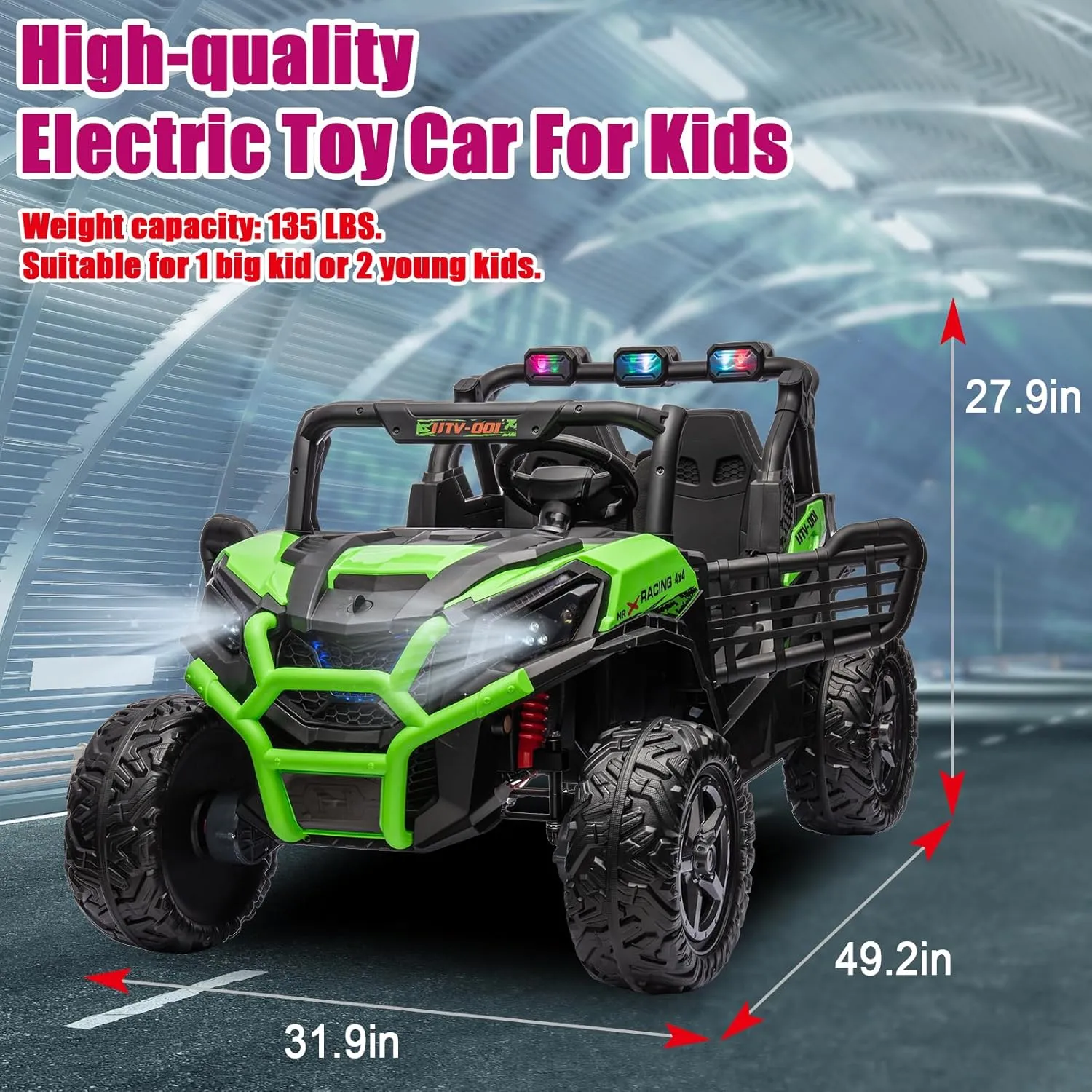 24V 4X4 2-Seater Ride On UTV with Remote Control, Off-Road Ride on Car, 4WD Electric Ride On Toys for Kids Ages 3 , Side by Side Car w/LED Light, EVA Rubber Tires, Bluetooth, Green