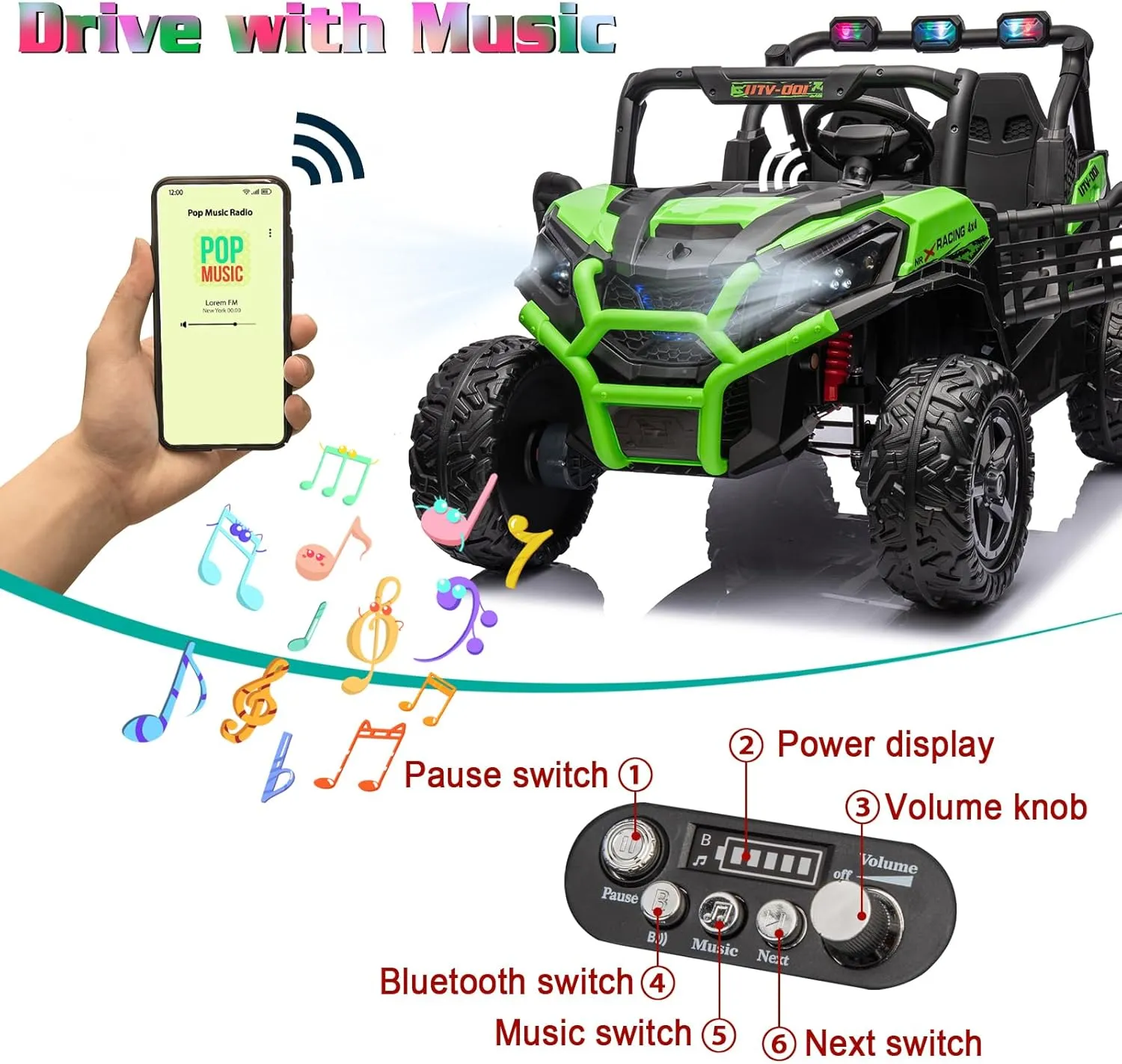 24V 4X4 2-Seater Ride On UTV with Remote Control, Off-Road Ride on Car, 4WD Electric Ride On Toys for Kids Ages 3 , Side by Side Car w/LED Light, EVA Rubber Tires, Bluetooth, Green