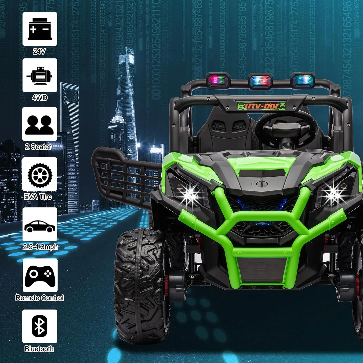 24V 4X4 2-Seater Ride On UTV with Remote Control, Off-Road Ride on Car, 4WD Electric Ride On Toys for Kids Ages 3 , Side by Side Car w/LED Light, EVA Rubber Tires, Bluetooth, Green