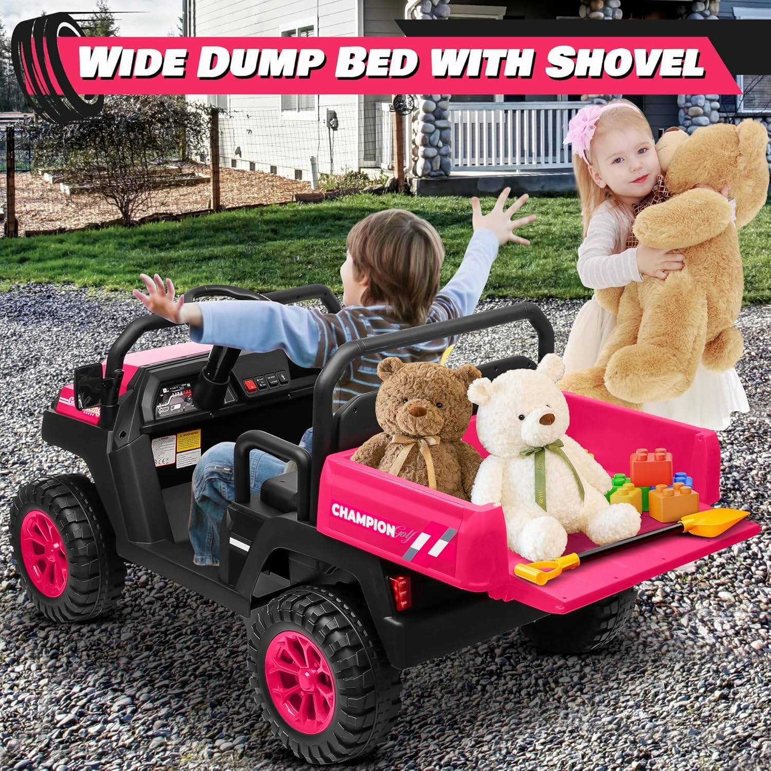 24V Ride on Car 4WD Golf Cart w/800W Motors, 20''2 Seater, Gift Flower, 2.4G Remote Control, 4 Wheeler, Pop Music, LED Light, 24 Volt Ride on Toys for Big Kids, Pink