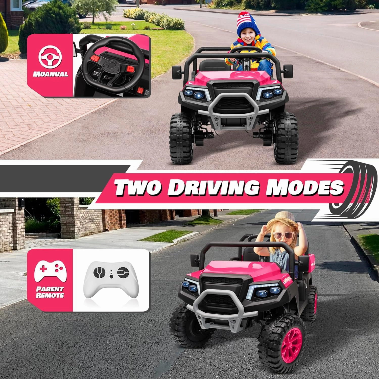 24V Ride on Car 4WD Golf Cart w/800W Motors, 20''2 Seater, Gift Flower, 2.4G Remote Control, 4 Wheeler, Pop Music, LED Light, 24 Volt Ride on Toys for Big Kids, Pink