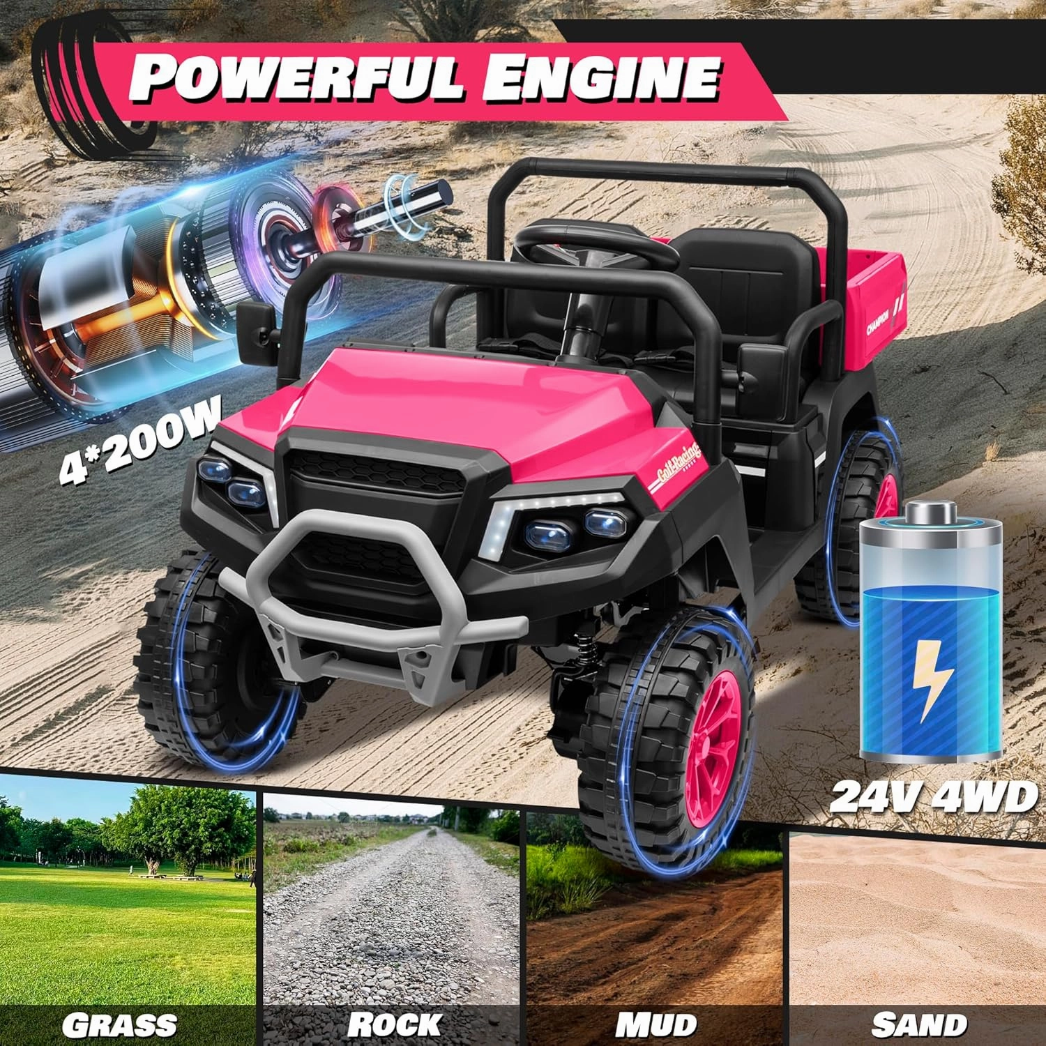 24V Ride on Car 4WD Golf Cart w/800W Motors, 20''2 Seater, Gift Flower, 2.4G Remote Control, 4 Wheeler, Pop Music, LED Light, 24 Volt Ride on Toys for Big Kids, Pink