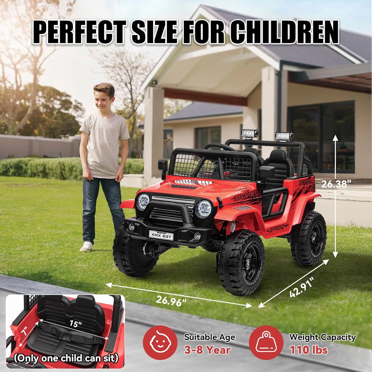 24V Ride On Car for Kid Toys, Electric Off-Road Truck, 4WD Kids Car, Side by Side Vehicle Max 110lbs with Remote Control, LED Light, Bluetooth, 4 Spring Suspension, Red