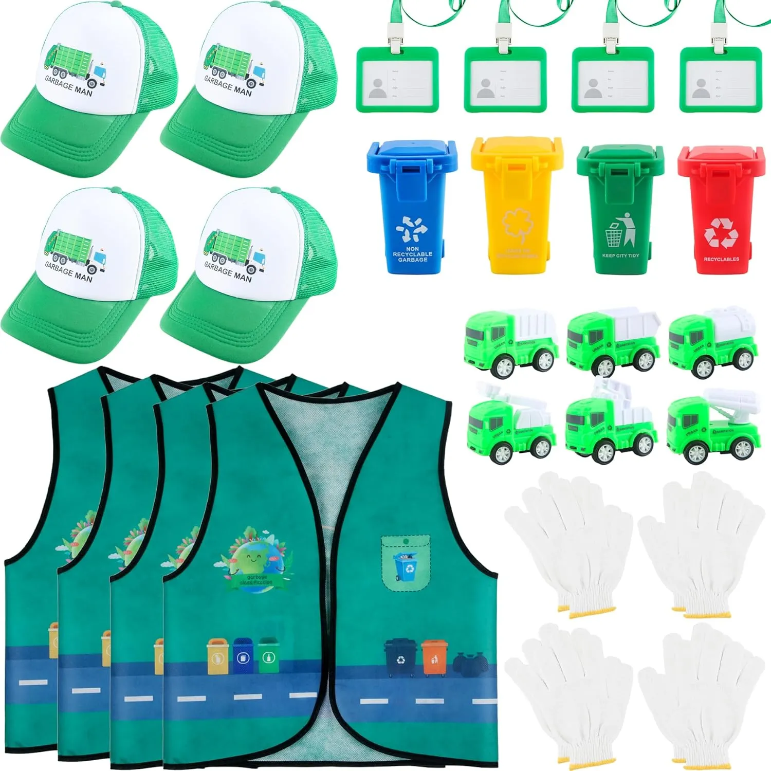 26 Pcs Kids Waste Management Costume Set Recycle Trash Vest Management Garbage Truck Toy Hat Gloves ID Card for Career Day Cosplay