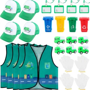26 Pcs Kids Waste Management Costume Set Recycle Trash Vest Management Garbage Truck Toy Hat Gloves ID Card for Career Day Cosplay