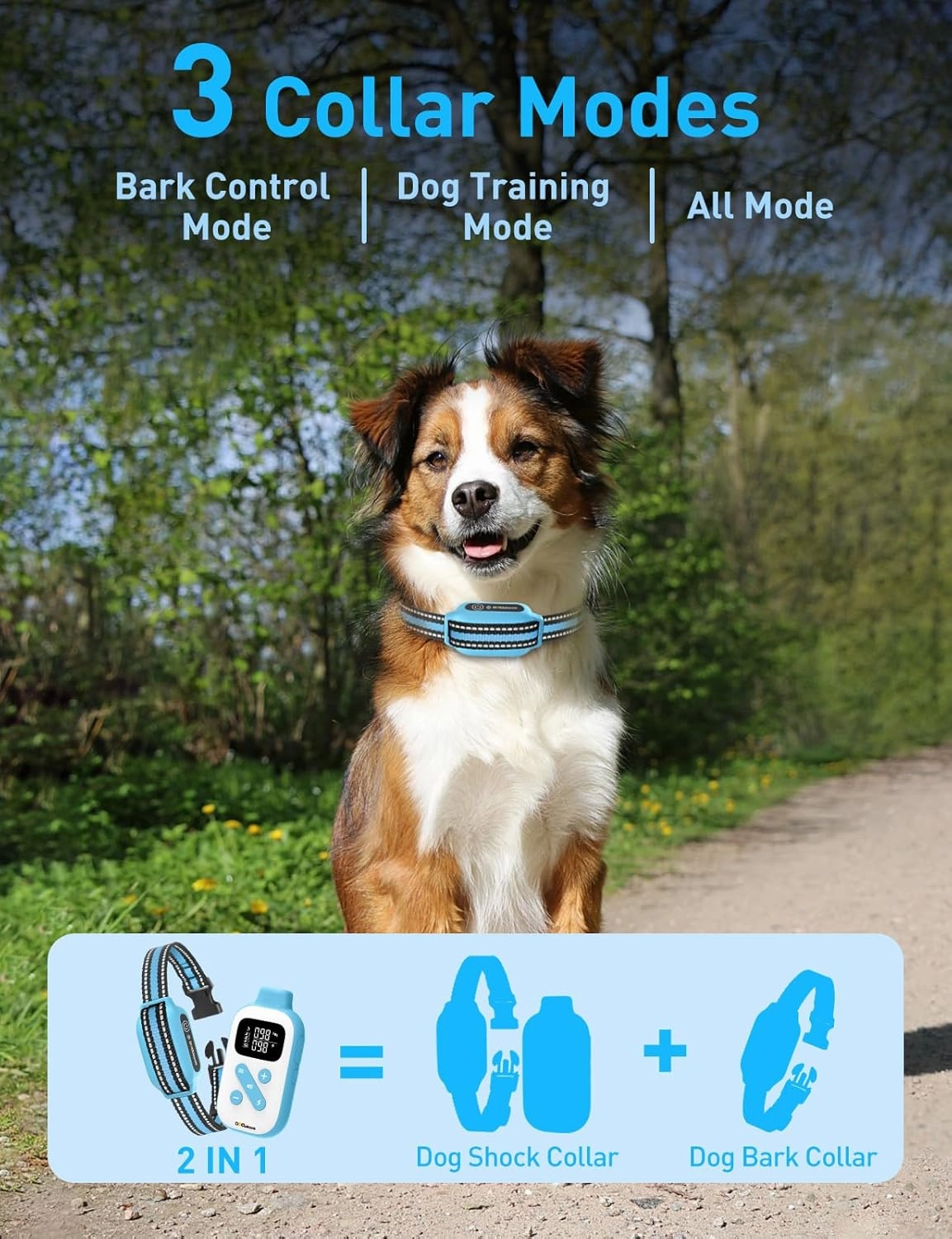 2-in-1 Bark and Shock Collar for Dogs, Smart Anti Barking Dog Training Collar with 5 Adjustable Sensitivity, Automatic Bark Collar with Remote, Vibration, Beep, Shock and Automatic (Blue)