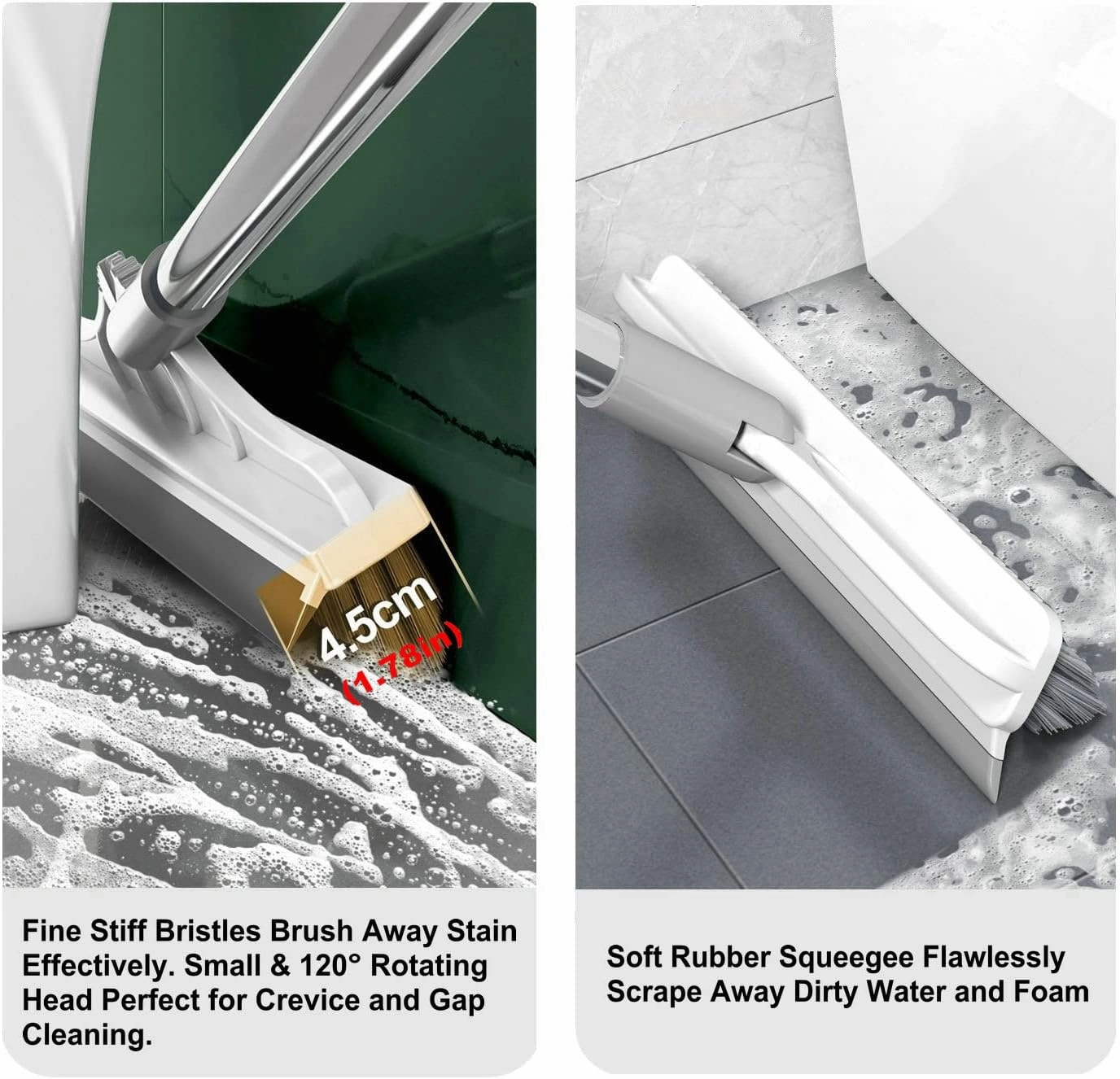 2 in 1 Floor Brush Scrubber with Long Handle Grout Brush 3 Poles 53.5'' New Upgrade Stiff Bristle Cleaning Scrub Brush with Squeegee 120°Rotating Tile Brush for Cleaning Bathroom Glass Patio Kitchen