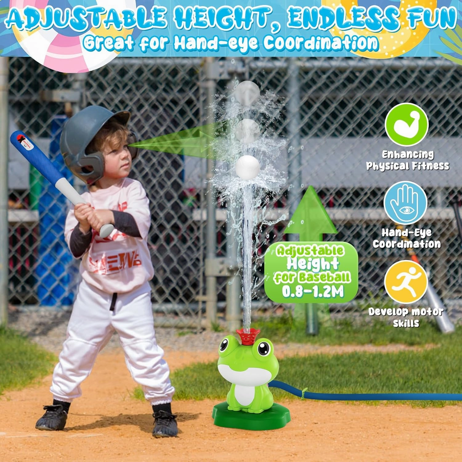 2-in-1 Water Sprinkler Baseball Toy for Kids Outdoor Play, 360° Rotating Spray and 2 Sprinkler Heads for Splashing and T-Ball Games, Toddler Summer Backyard Lawn Activities for Boys Girls Ages 3 