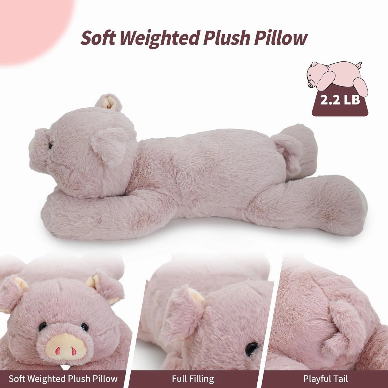 2 Lb Weighted Stuffed Pink Pig Animals - 16 Inches Bear Dog Dino Pig Plush Throw Pillow Toy - Embroidered Plushie Collectible - Kawaii Plushies Hugging Toy Gifts for Kids & Adults (Pink Pig)