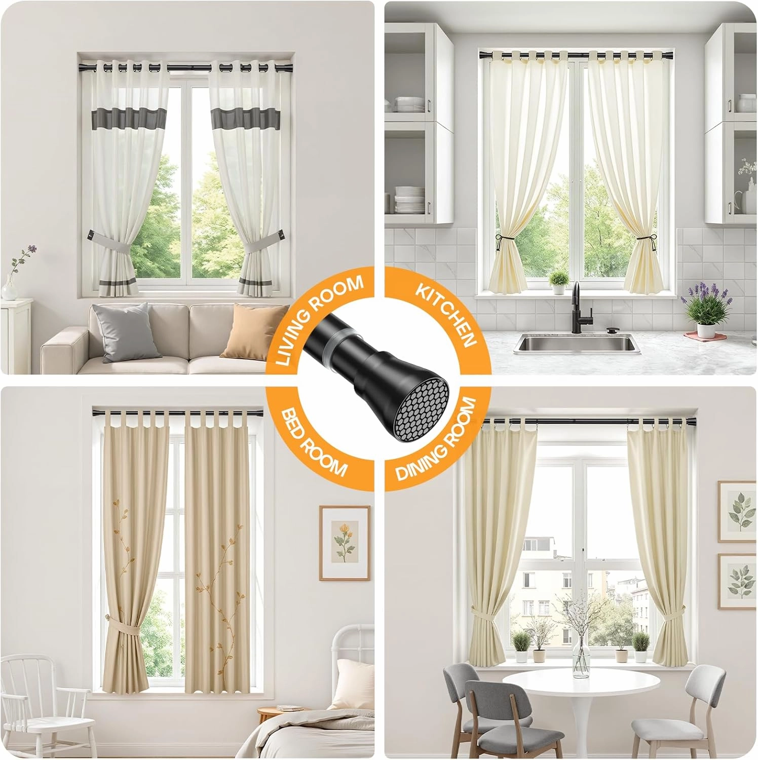 2 Pack Adjustable Tension Rods 28-48 Inch - Black No-Drill Curtain Rods for Windows & Closets | Spring-Loaded with Non-Slip Rubber Ends | 7/8" Diameter