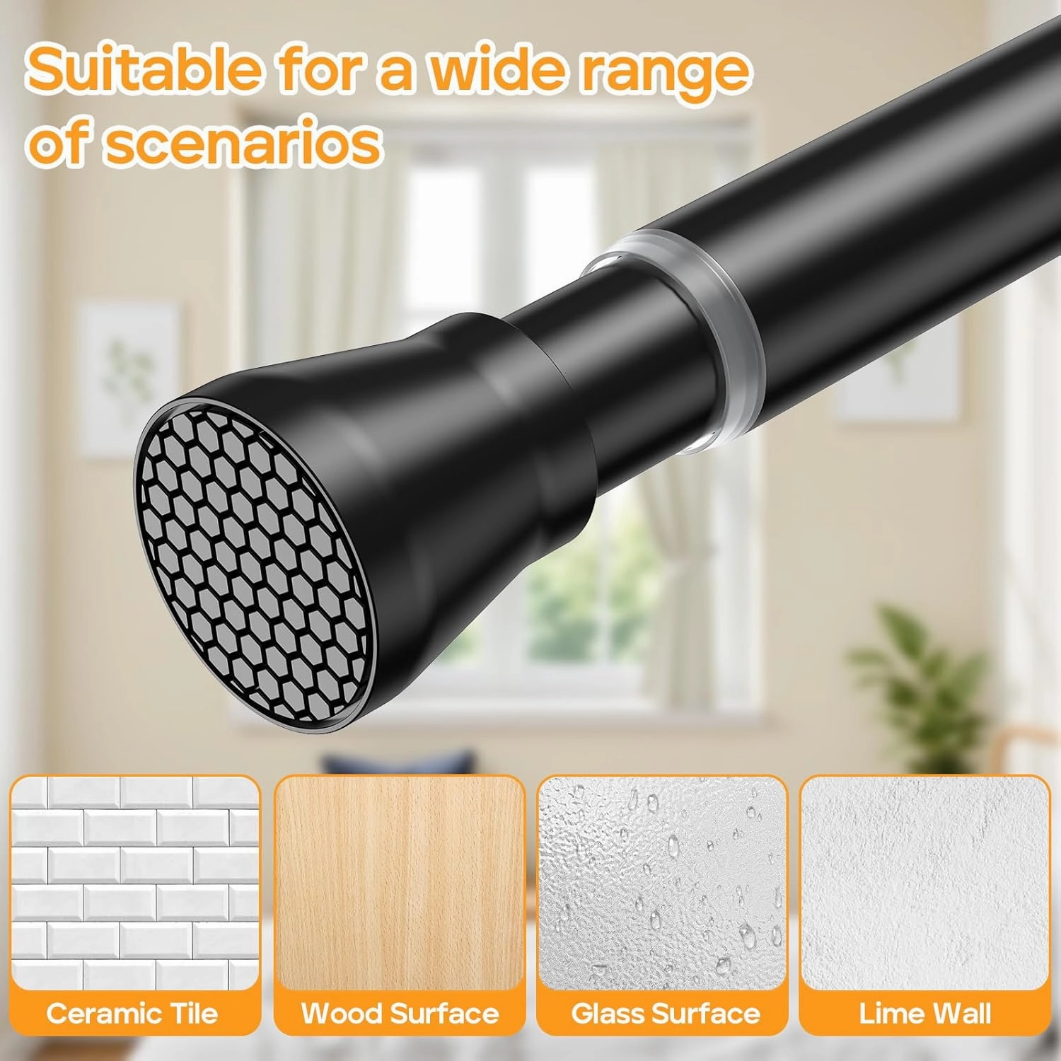 2 Pack Adjustable Tension Rods 28-48 Inch - Black No-Drill Curtain Rods for Windows & Closets | Spring-Loaded with Non-Slip Rubber Ends | 7/8" Diameter
